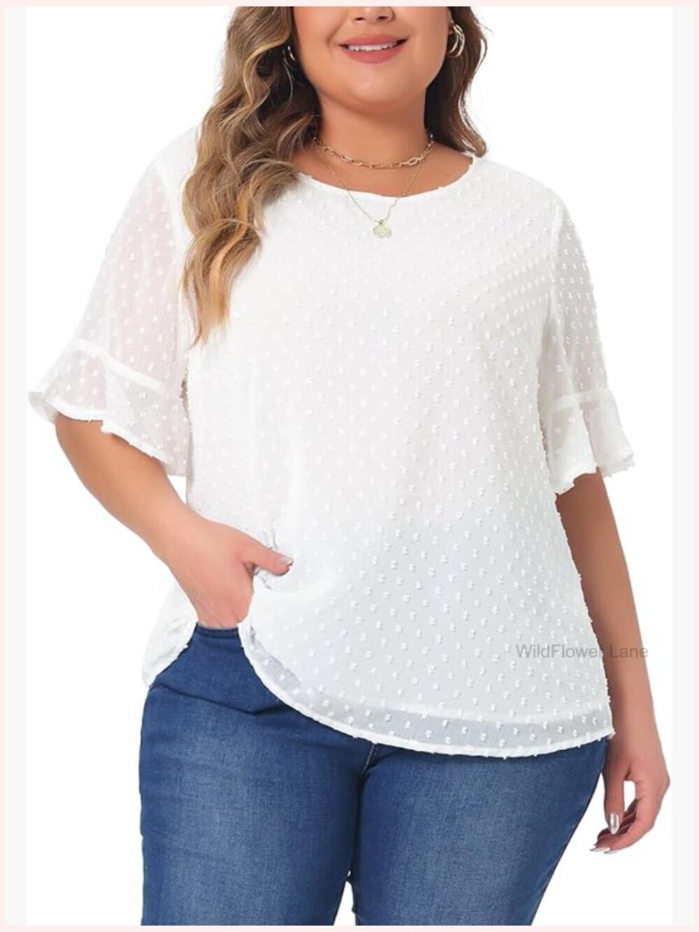Plus Size Swiss Dot Ruffle Sleeve Round Neck Tee Blouse